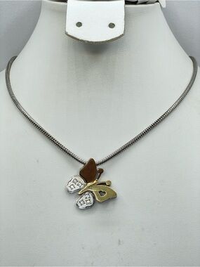 Vintage Two Tone 3D Butterfly Crystal Pendant Necklace Silver Gold